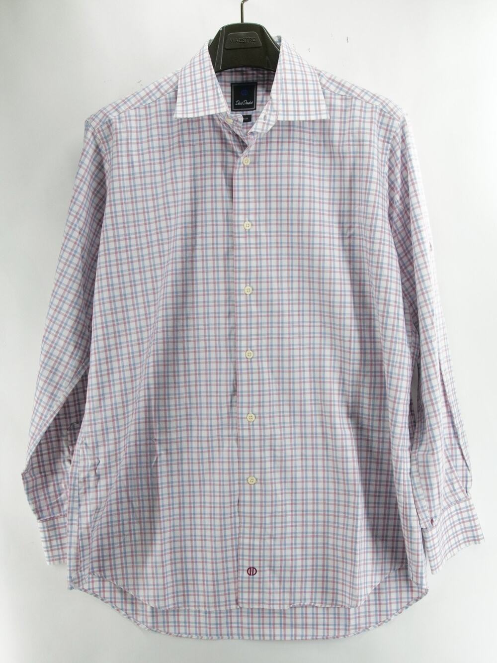 David Donahue Dress Shirt Men 17 34/35 Red Blue White Plaid Button Up Trim Fit